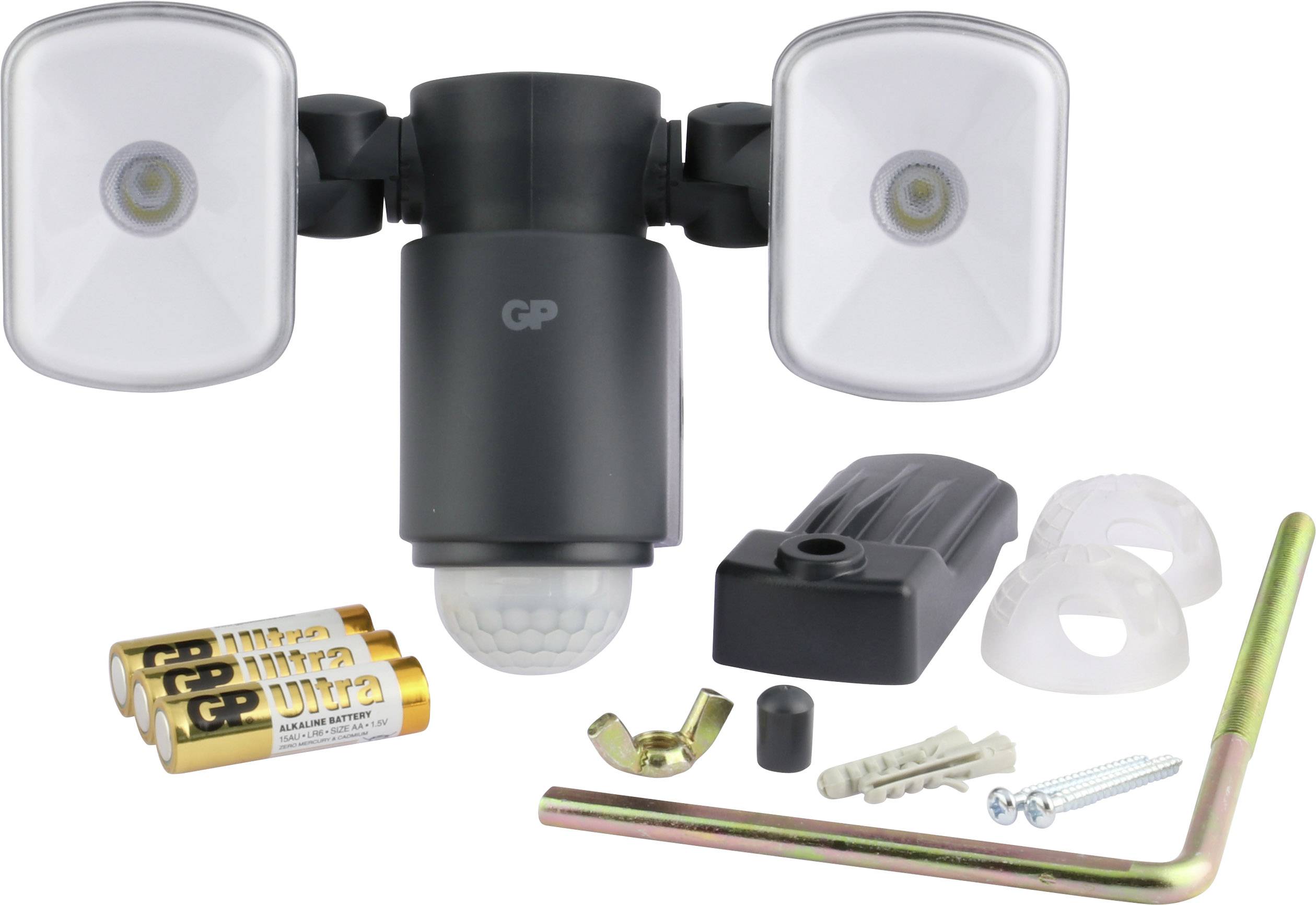 Bewegingsmelder-veiligheidsverlichting met twee LED-schijnwerpers, batterijen, bevestigingselementen en toebehoren voor wandmontage.
