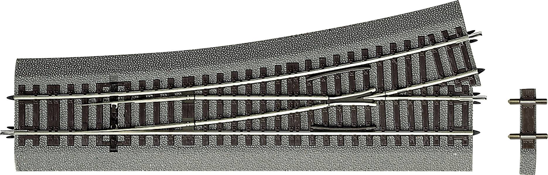 Een modelspoortraject met een wissel dat twee richtingsopties laat zien: rechtdoor of afbuigend.