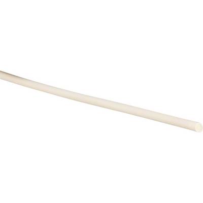 Een lange, dunne, beige kunststofslang, licht gebogen, voor een neutrale achtergrond.