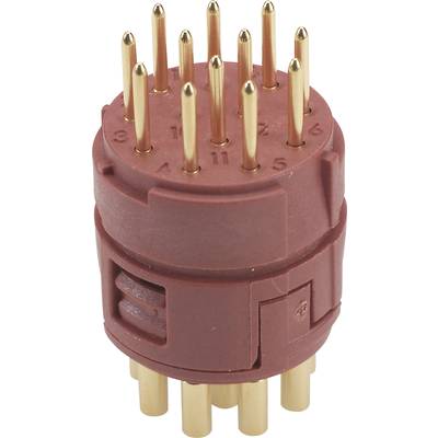 Rode, cilindrische stekker met elf gouden pinnen. Gebruikt voor elektrische aansluitingen in technische apparaten.