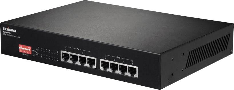 Een zwarte netwerk-switch van Edimax met acht Ethernet-poorten en LED-indicatoren voor verbindingen en activiteit aan de voorkant.