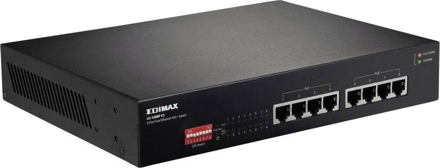 Een zwarte Edimax-netwerk-switch met acht Ethernet-poorten en LED-indicatoren aan de voorkant.