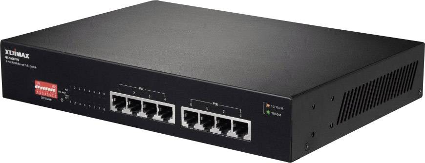 Zwarte netwerk-switch met acht Ethernet-poorten en LED-indicatoren aan de voorkant, geschikt voor thuis- of kantooromgevingen.