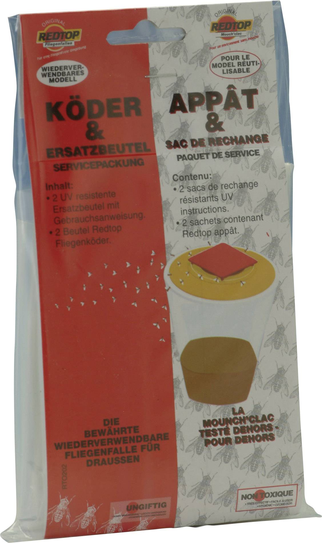 Een verpakking met lokstof en reservezakje voor een vliegenval, rode en witte verpakking met zwarte en rode tekst.