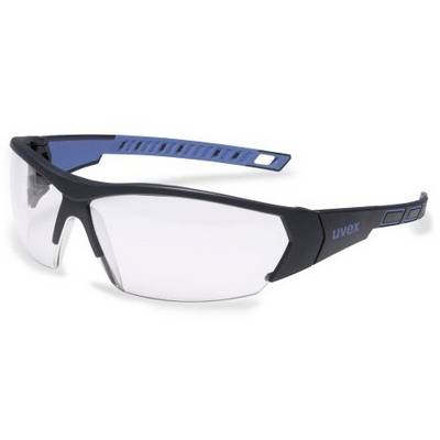 Veiligheidsbril met blauw-zwart montuur en heldere glazen, logo aan de zijkant 'uvex'.