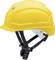 Een gele veiligheidshelm met verstelbare zwarte riemen; geschikt voor arbeidsveiligheid en bescherming op de werkplek.