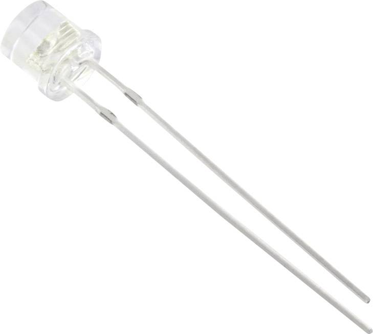 Een enkele transparante lichtgevende diode (LED) met twee lange metalen aansluitingen, liggend voor een witte achtergrond.
