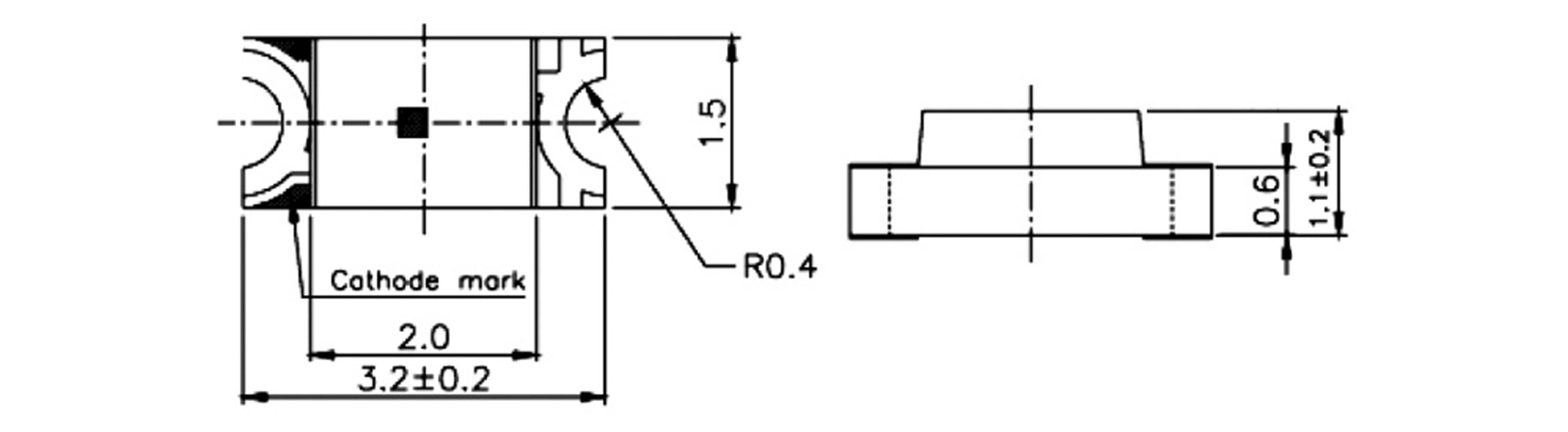 Technische tekening van een elektronisch onderdeel met afmetingen, voor- en zijaanzicht. Afmetingen: 3,2 x 2,0 x 1,1 mm, kantradius 0,4 mm.