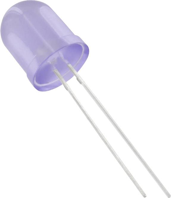 Paarse lichtdiode (LED) met twee aansluitdraden, weergegeven aan de zijkant op een witte achtergrond.