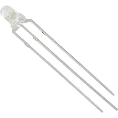 Een transparante LED met twee lange metalen poten die dienen voor stroomverbinding.