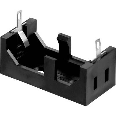 Een zwarte kunststof batterijhouder met metalen aansluitingen, geschikt voor een enkele batterij.