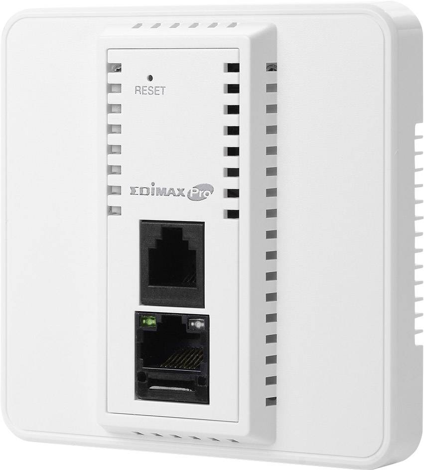 Witte netwerk-wandcontactdoos van Edimax met twee Ethernet-poorten en een resetknop.