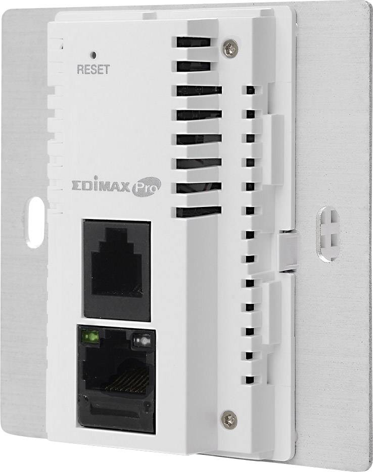 Een wit netwerktoestel met LAN-aansluiting en resetknop, gemerkt met 'Edimax Pro', bevestigd aan een metalen plaat, gezien vanaf de zijkant.