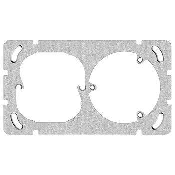 Rechthoekige metalen plaat met twee grote, ronde uitsparingen in het midden, symmetrisch geplaatst, en kleinere gaten in de hoeken.