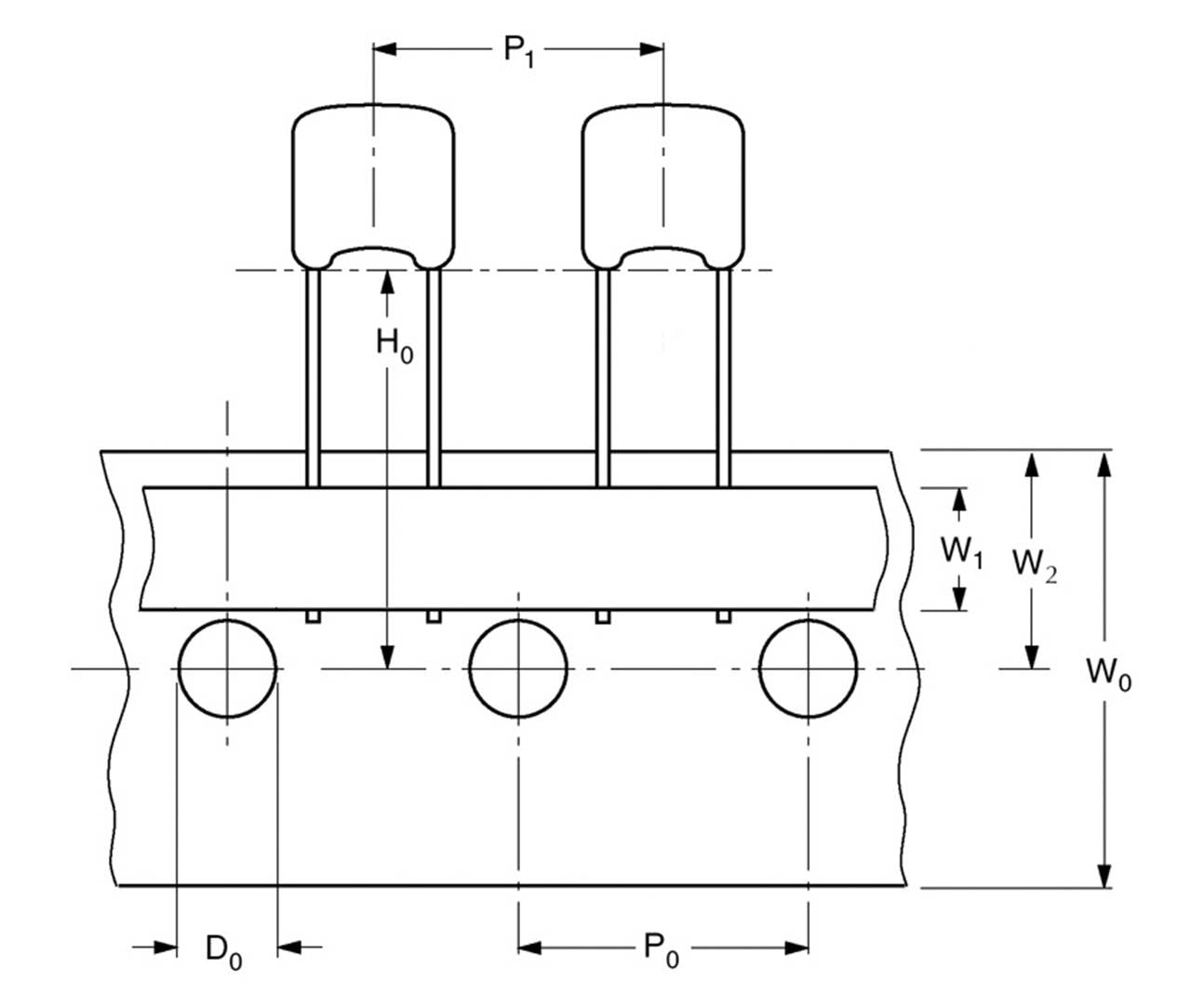Technische tekening van een mechanisch onderdeel met afmetingen: P1, H0, D0, P0, W1, W2, W0. Twee cilindrische elementen bovenaan.