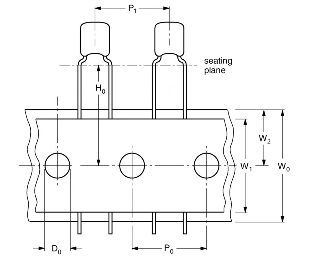 Technische tekening van een elektrisch onderdeel met meerdere aansluitpennen. Afmetingen P1, H0, W0, W1, W2 zijn gemarkeerd.