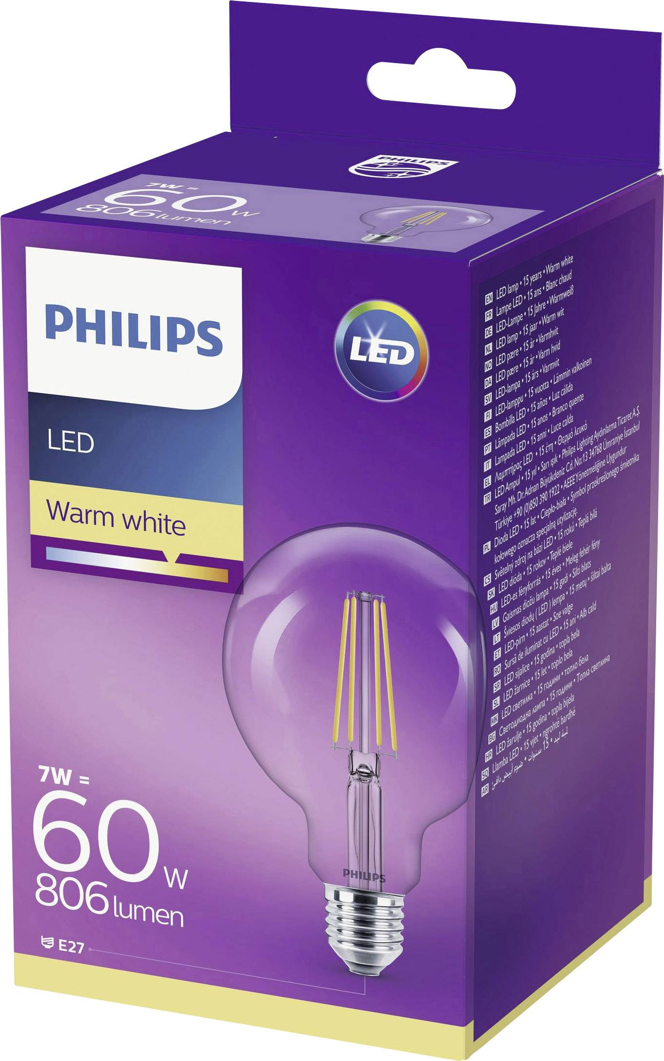 Verpakking van een Philips LED-lamp, 7W, equivalent aan 60W, warm wit licht, 806 lumen, E27-fitting.