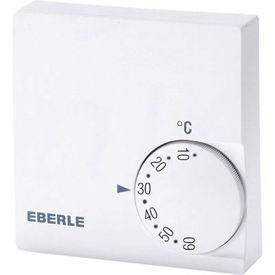 Een witte muurthermostaat met draaiknop geeft temperaturen aan van 5°C tot 30°C. Hij is voorzien van het opschrift 'EBERLE'.