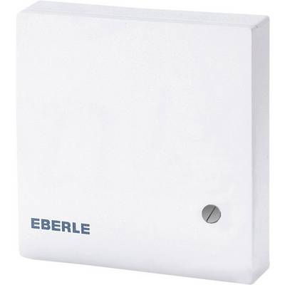 Een witte ruimtethermostaat van Eberle. Rechthoekige behuizing met een klein schroefonderdeel in de rechterbenedenhoek.