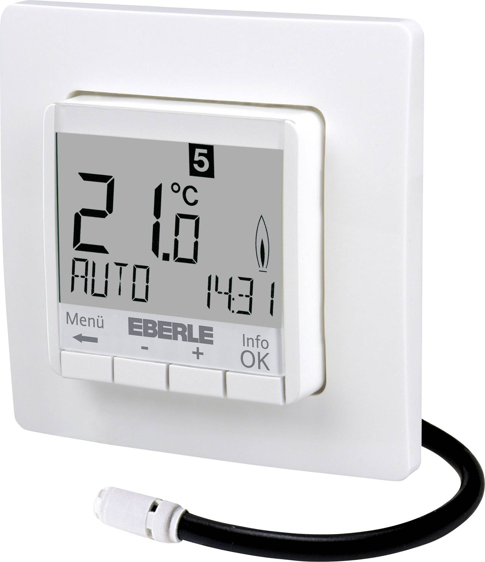 Digitaal thermostaat toont 21°C, Automatische modus, Tijd 14:31. Bedieningsknoppen onderaan: 'Menu', '+', '-', 'Info OK'. Wandmontage.