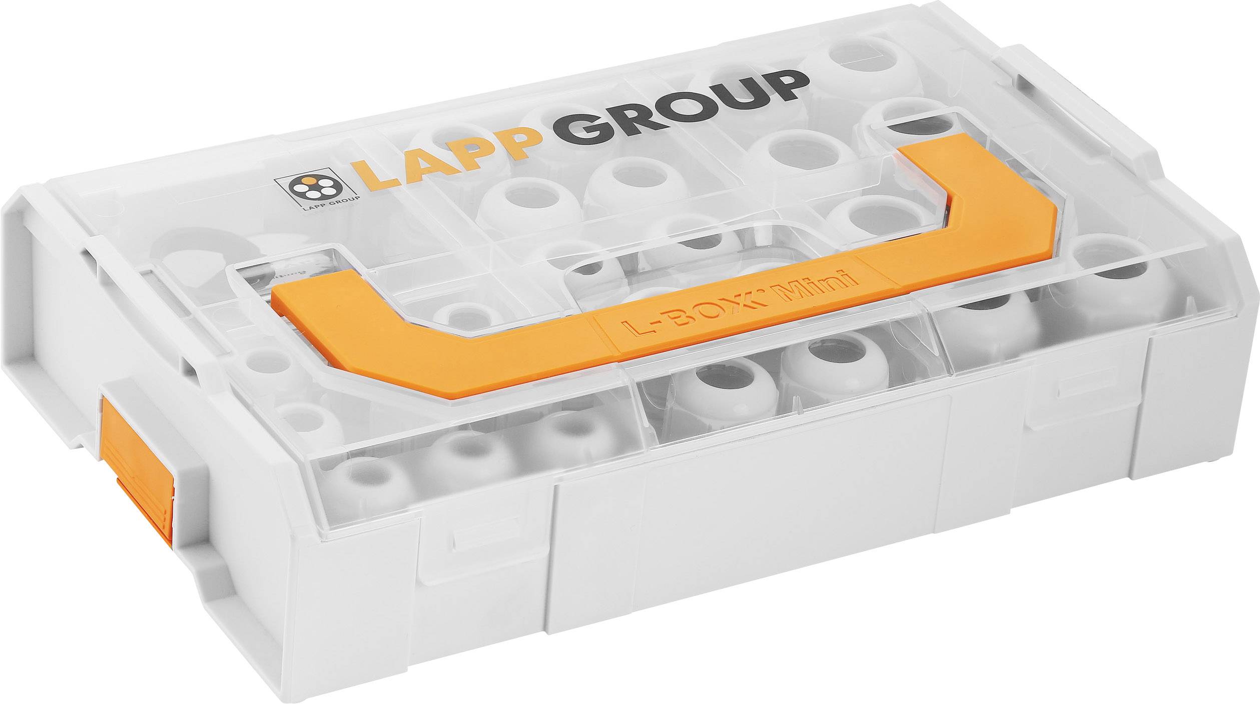 Kunststof doos met een oranje handvat, gemerkt met 'LAPP Group'. In de doos zitten meerdere compartimenten met witte kunststof onderdelen.