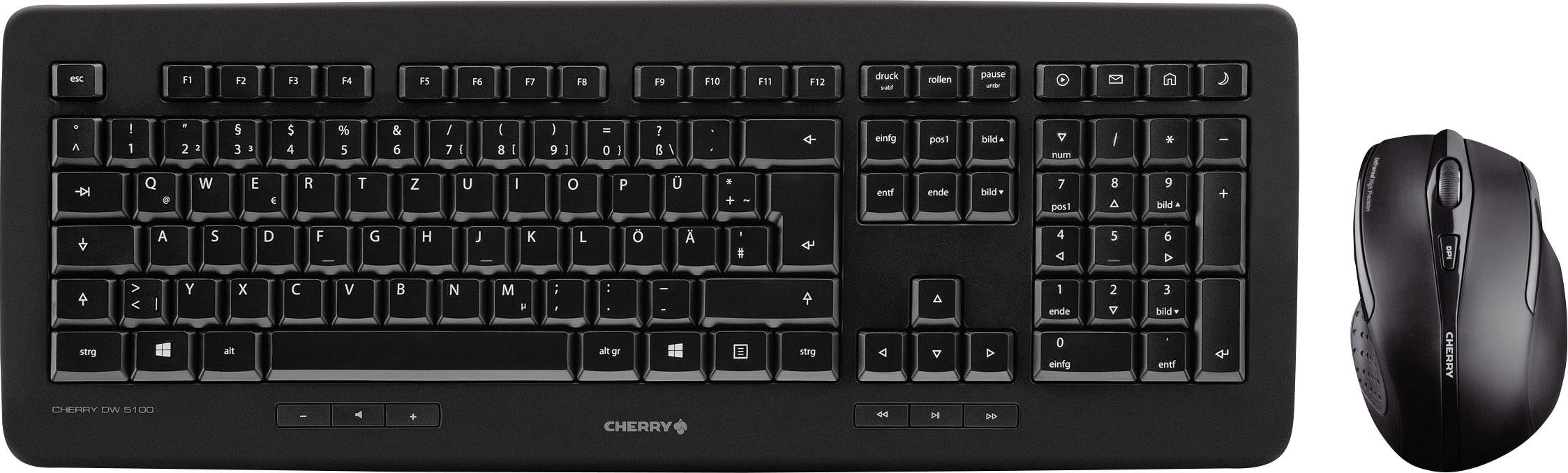 Zwarte QWERTZ-toetsenbord en muis-set op witte achtergrond, geschikt voor computerwerk op kantoor of thuis.