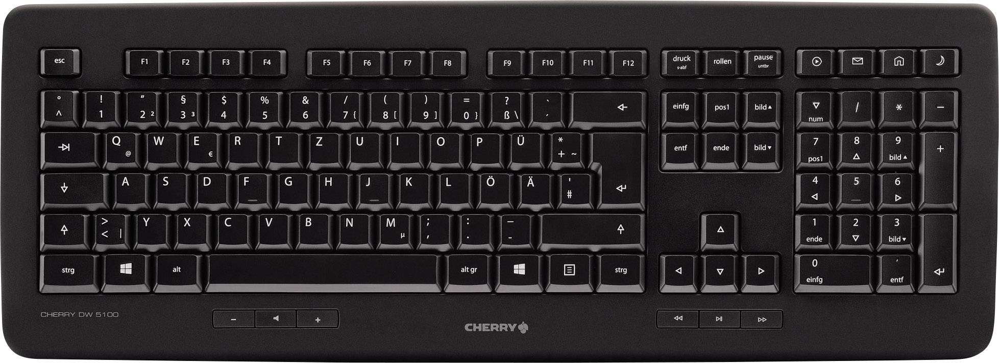 Zwarte computertoetsenbord met Duits QWERTZ-toetsenbordindeling en numeriek toetsenblok. Bevat functietoetsen en navigatiepijlen.