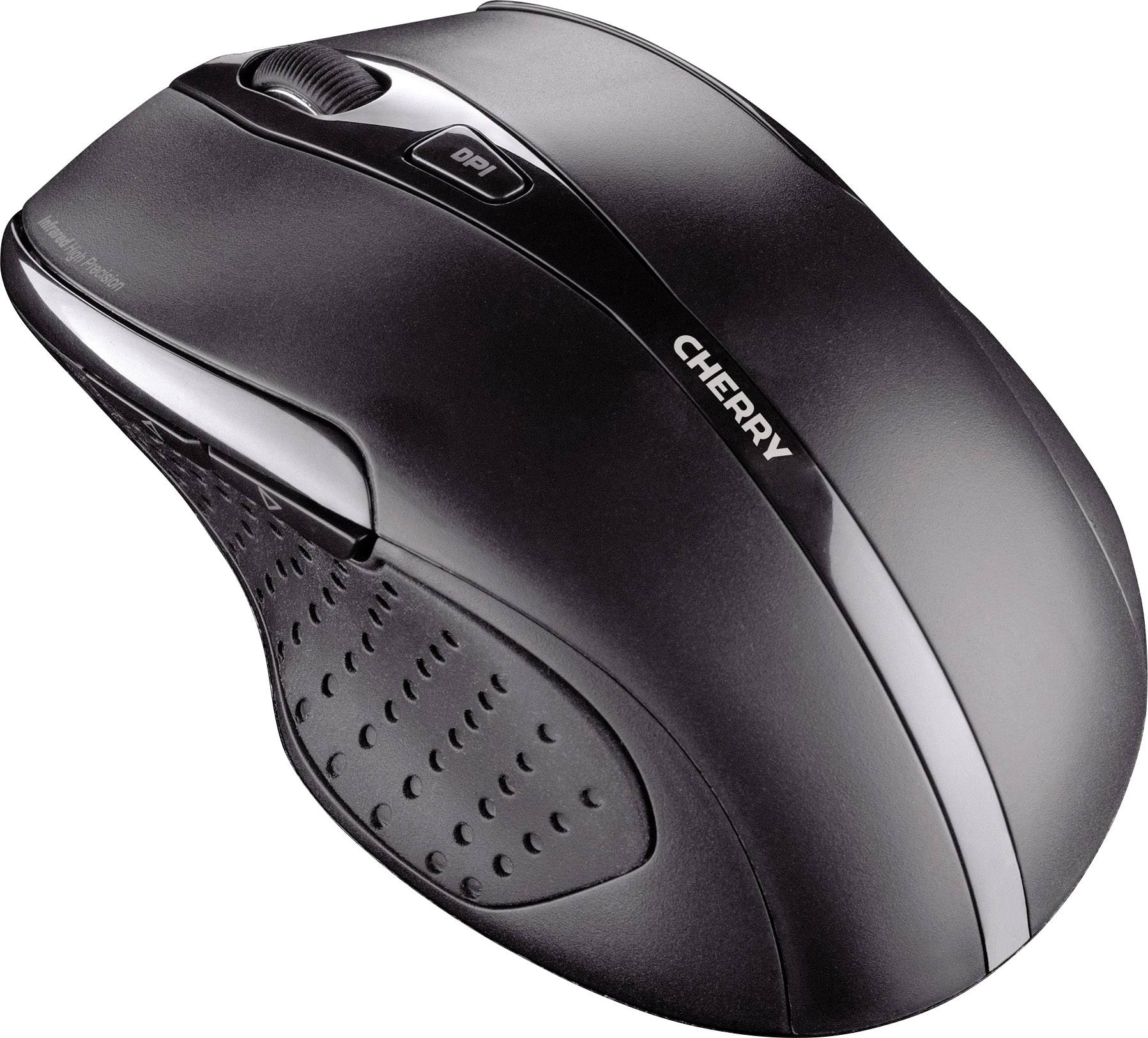 Draadloze zwarte computermuis met ergonomisch design en een DPI-knop bovenop. Merk 'Cherry' zichtbaar aan de zijkant.