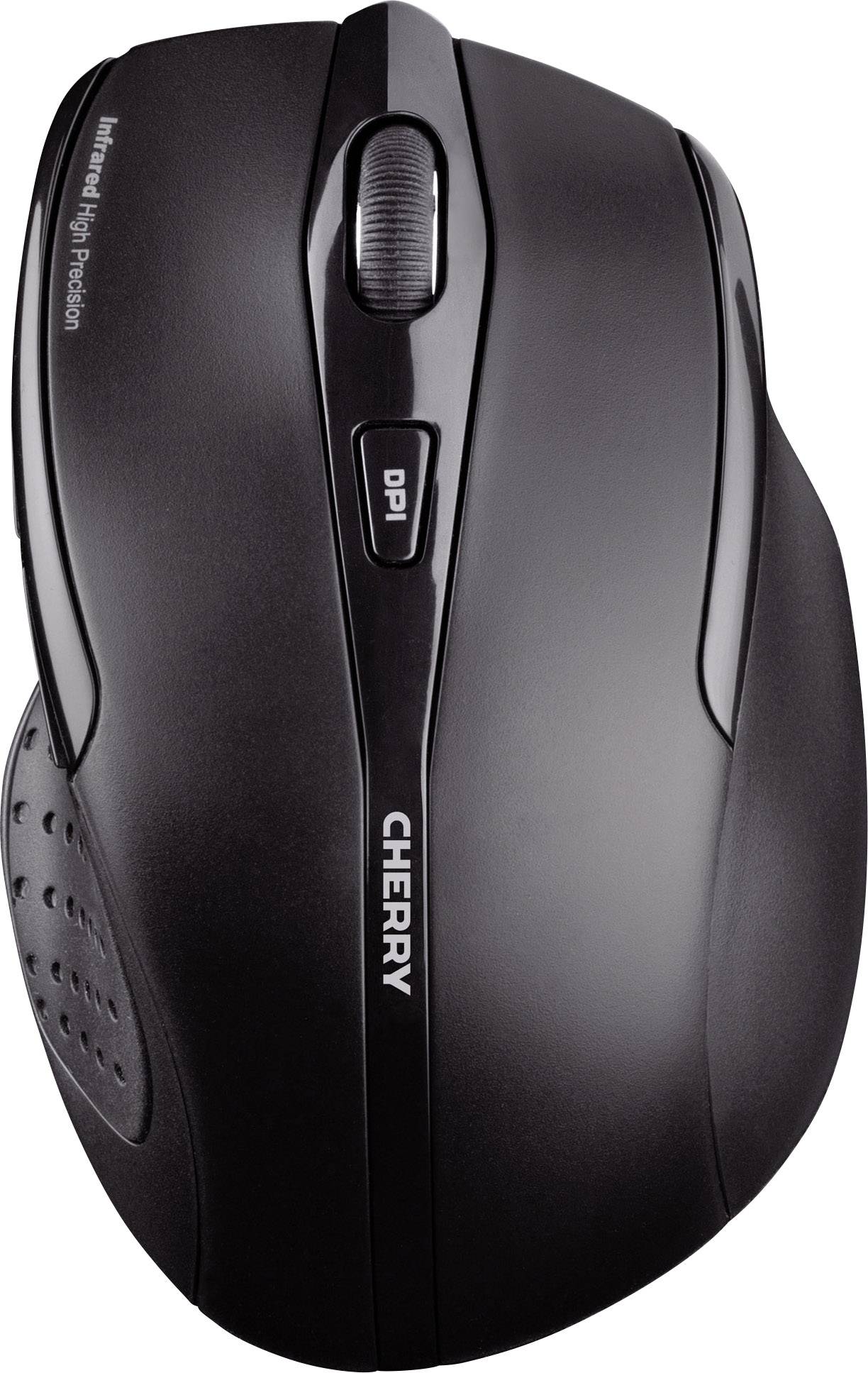 Draadloze zwarte computermuis met scrollwiel en DPI-knop aan de bovenkant, merknaam 'CHERRY' zichtbaar aan de zijkant.