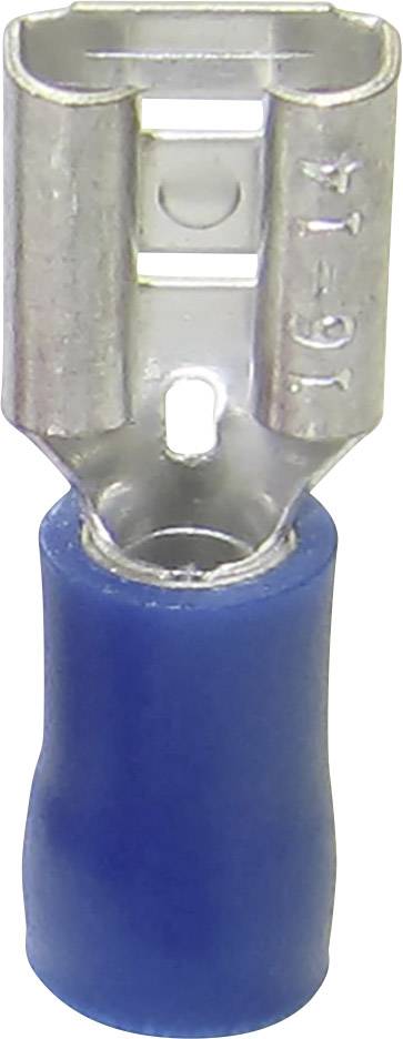 Elektrische connector met blauwe kunststof isolatie en metalen contact, geschikt voor kabeldiameters 16-14 AWG.