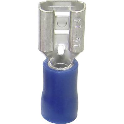 Elektrische connector met blauwe kunststof isolatie en metalen contact, geschikt voor kabeldiameters 16-14 AWG.