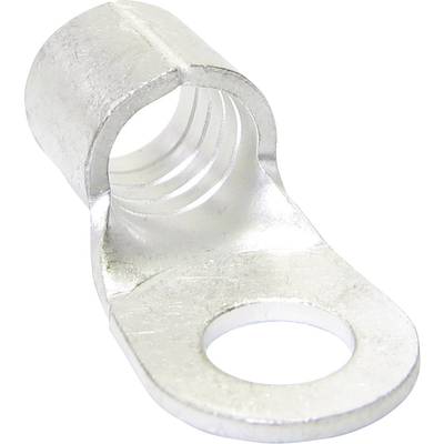 Metalen kabelschoen met een rond aansluitgat en een gebogen houder voor een veilige kabelverbinding, gezien vanuit de zijkant.