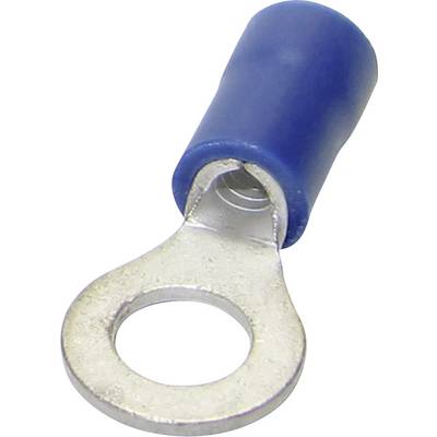 Een blauwe kabelschoen met een platte metalen oog voor het bevestigen van elektrische kabels aan schroefverbindingen, geïsoleerde uitvoering.