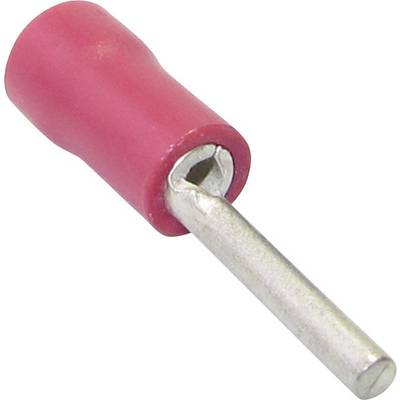 Een rode, cilindrische kabelschoen met metalen pen. Vaak gebruikt voor het verbinden van elektrische draden in kabelsystemen.