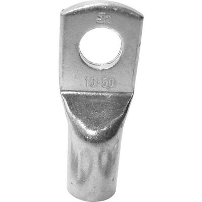 Een zilveren metalen kabelschoen met een bevestigingsgat. Het bovenste gedeelte draagt de markering '50'. De schoen wordt gebruikt voor kabelaansluiting.