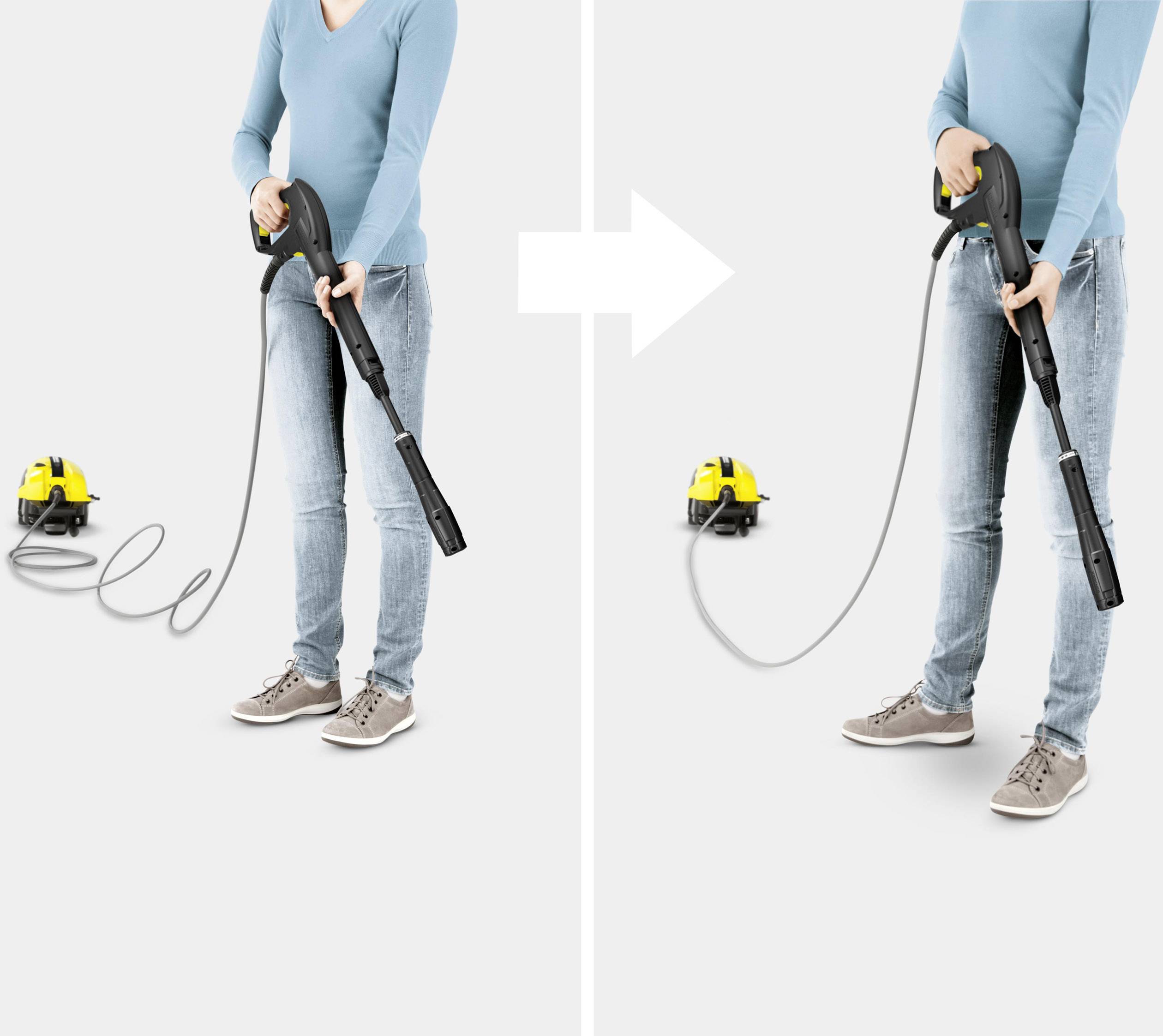 Een persoon houdt een stoomreiniger vast, links in bedrijfsmodus met stoom, rechts zonder stoom. Apparaat staat op de vloer, kabel zichtbaar.