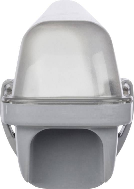 Een grijze, wandgemonteerde buitenlamp met een beschermende heldere kap, geschikt voor gebruik onder verschillende weersomstandigheden.