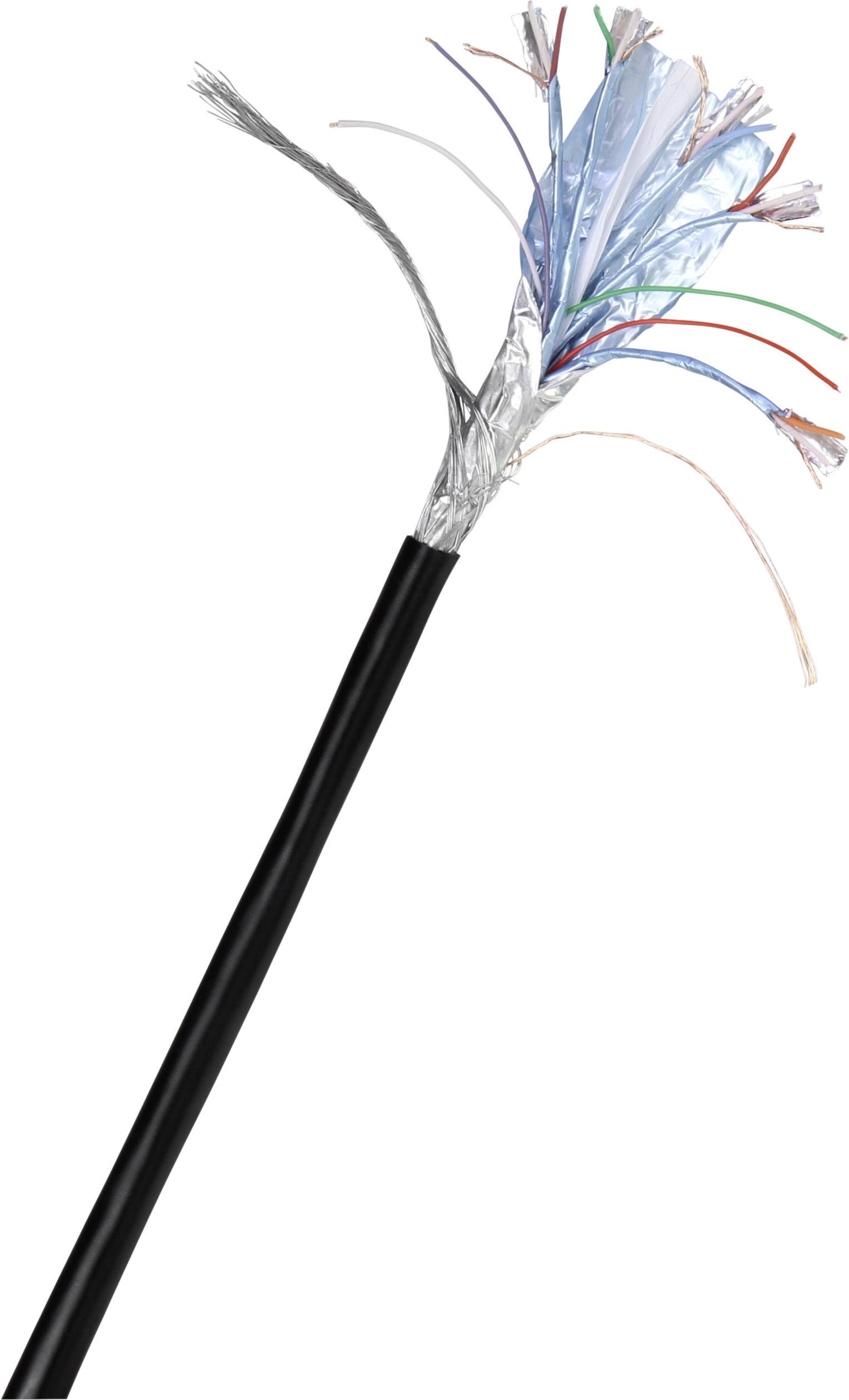 Een doorgesneden kabel toont verschillende gekleurde koperdraden en een aluminium afscherming die de binnenstructuur verduidelijken.