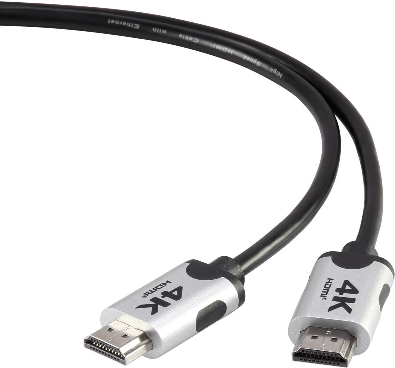 HDMI-kabel met zilver gestileerde aansluitingen, gemarkeerd met '4K HDMI', voor het overbrengen van hoogresolutionaire audio- en videosignalen.