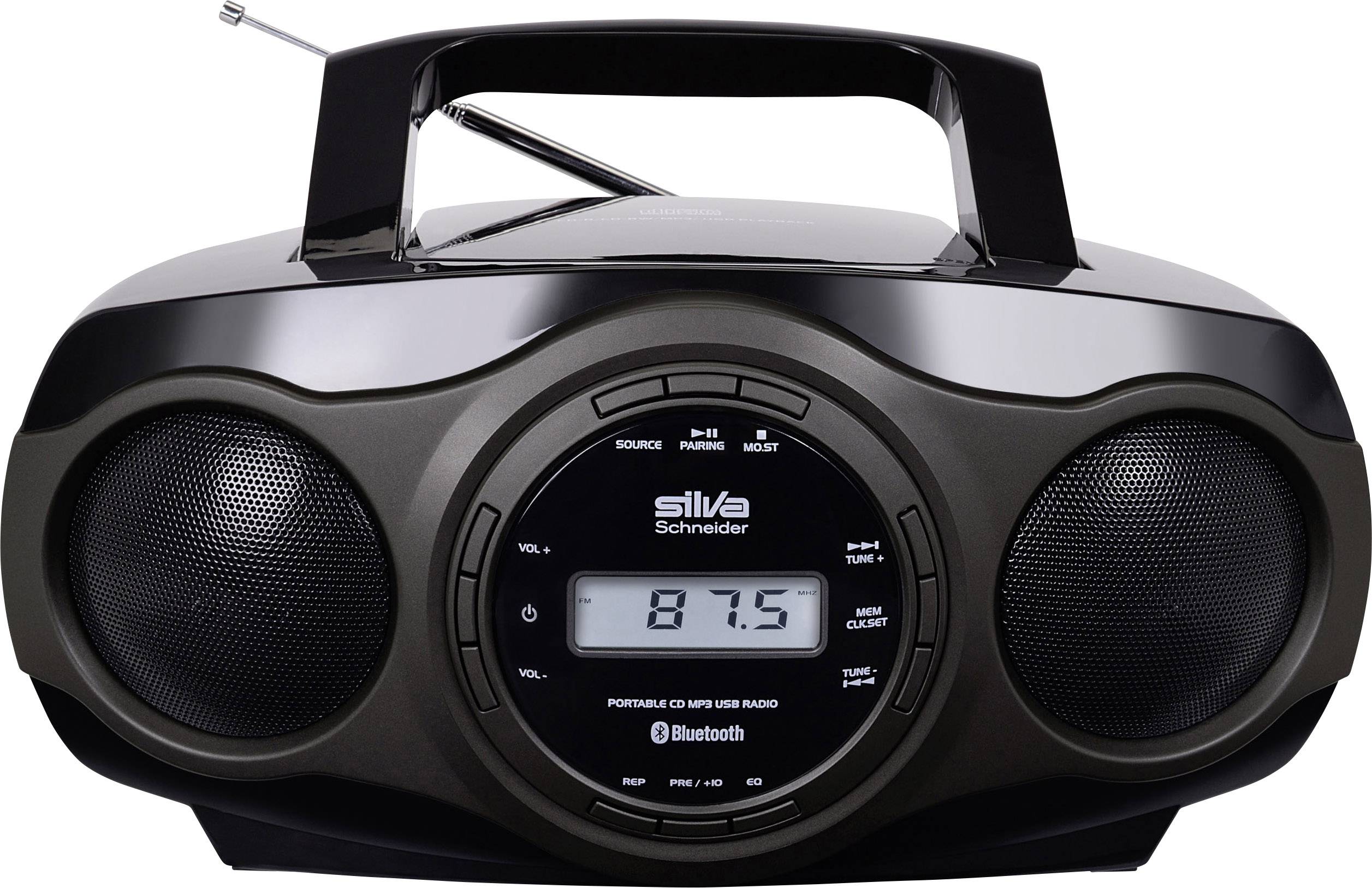 Een draagbare radio met Bluetooth-functie, twee luidsprekers en een digitaal display met '87.5' erop.