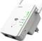 Een witte wifi-repeater met twee antennes, meerdere LED-indicatoren voor voeding en signaalsterkte, en aansluitingen voor LAN-kabels.