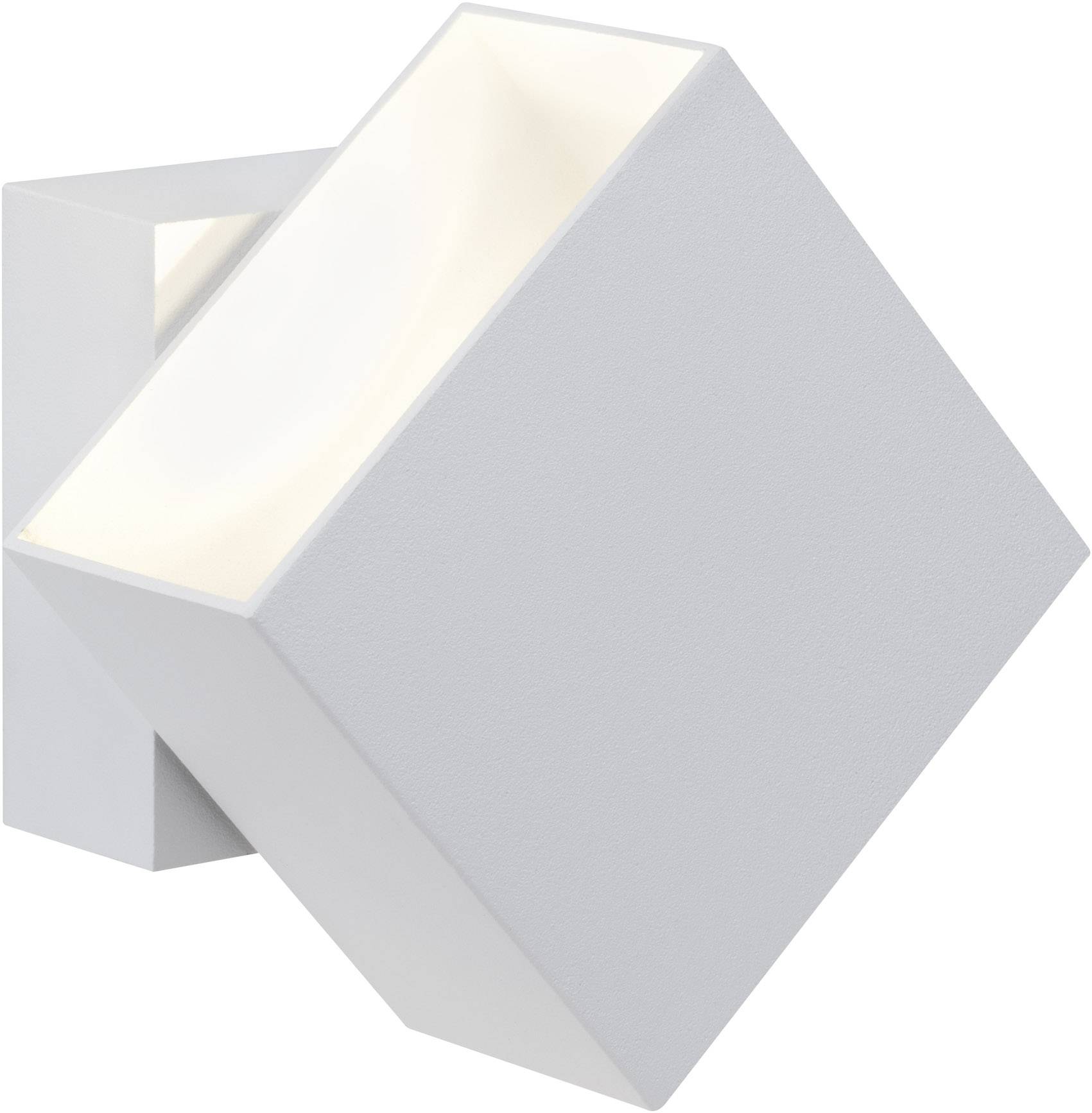 Een moderne, vierkante wandlamp in het wit met een schuin naar boven gerichte opening die zacht licht uitstraalt.
