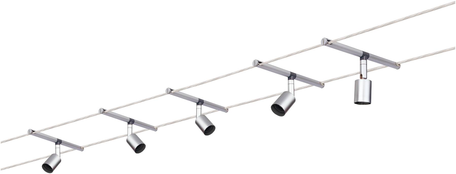 Een modern railsysteem met vijf verstelbare spotverlichting, gemonteerd op een rechthoekige balk. Ideaal voor flexibele verlichting.