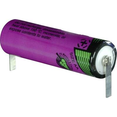 Paarse AA-batterij met metalen lipjes. Waarschuwingen: 'Niet opladen, uit elkaar halen of verhitten boven 150 °C. Niet in water gooien.'