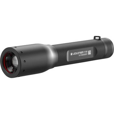 Zaklamp met zwarte behuizing en rode ring rond de lens, modelnummer 'P3R' en merk 'LEDLENSER' op de behuizing.