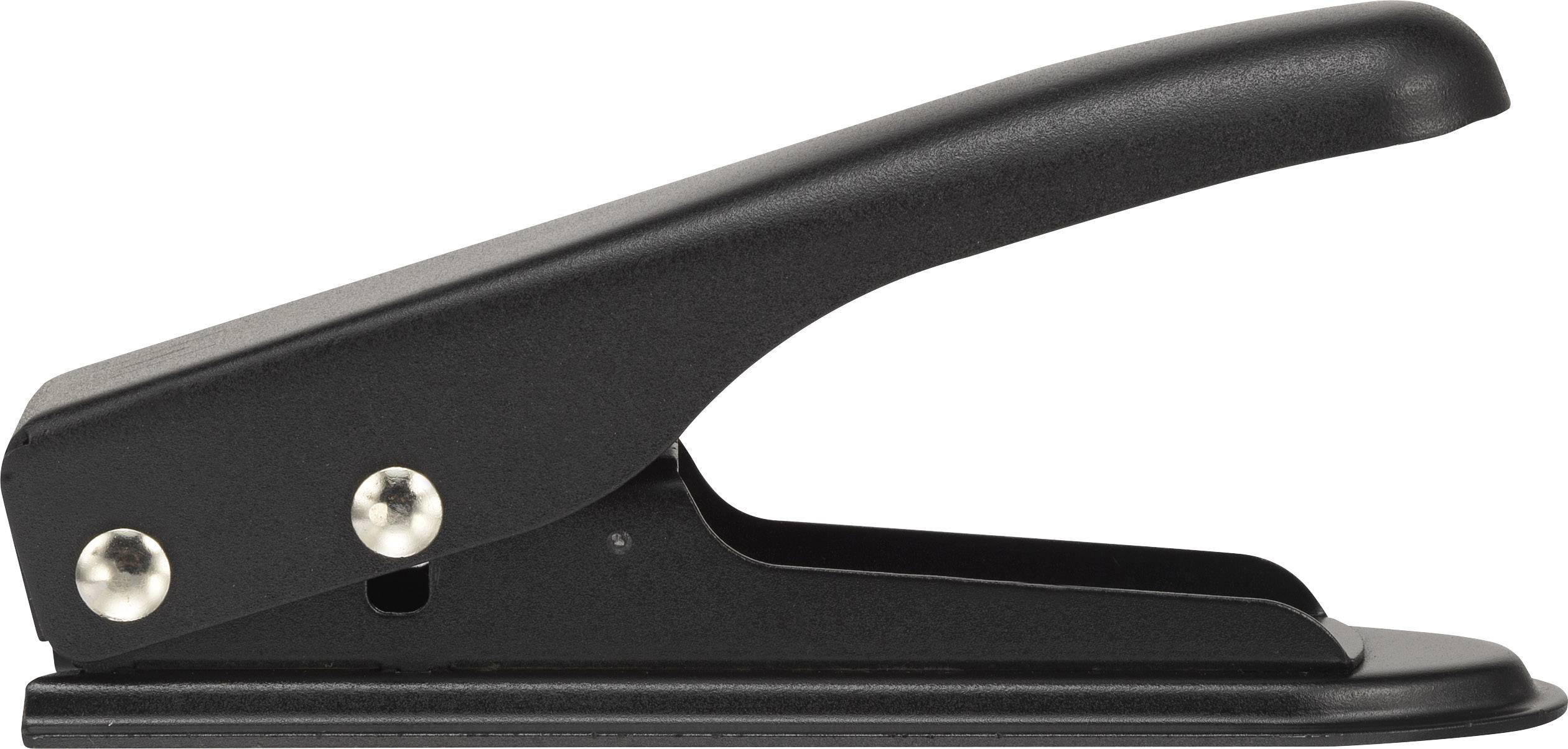 Een zwarte perforator met twee zilveren schroeven aan de zijkant, die wordt gebruikt om papier te perforeren.