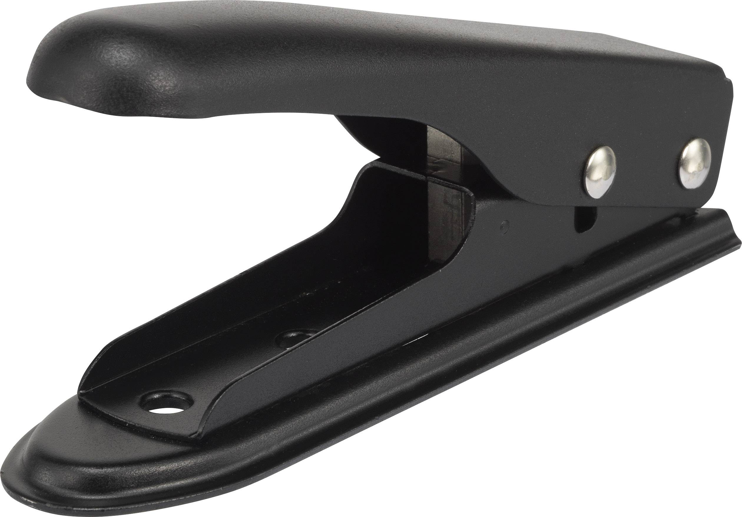 Zwarte perforator met twee gaatjes, geschikt voor het perforeren van papierstapels. Robuuste metalen constructie met handgreep en voet.
