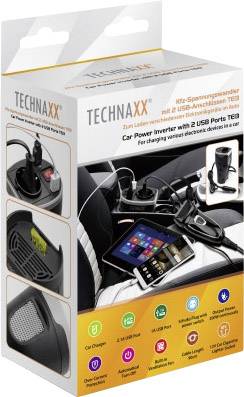 Verpakking van een auto-spanningsomvormer met twee USB-poorten. Opladers in de auto worden afgebeeld. Tekst: 'Voor elektronische apparaten in de auto'.