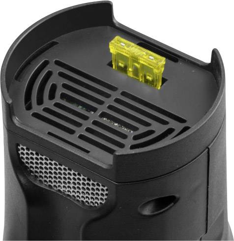 Een zwart apparaat met ventilatiesleuven en een geel veiligheidselement bovenop.