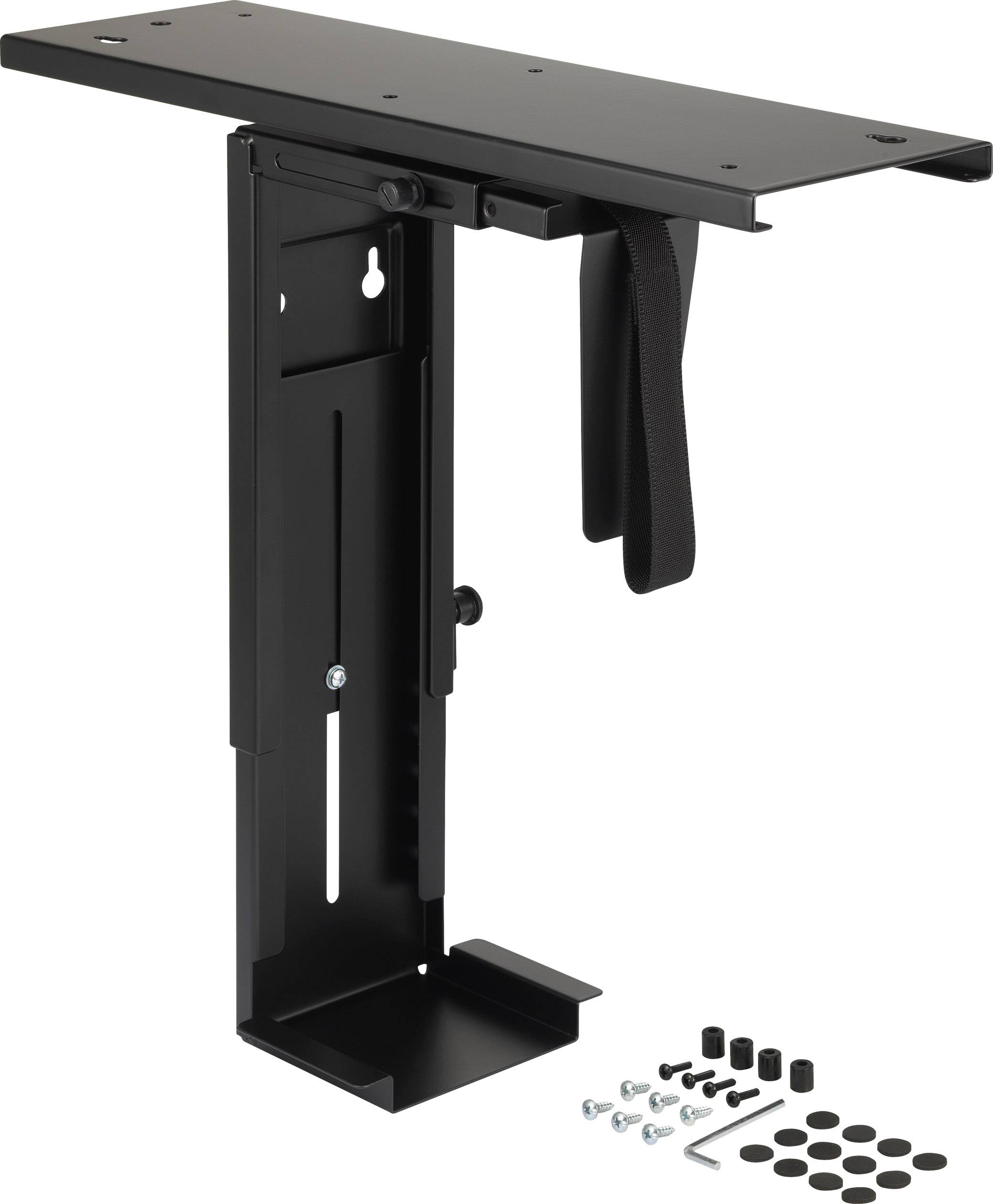 Zwarte beugel voor montage onder een tafel, bevat schroeven en ringen voor installatie, met een riem voor bevestiging.